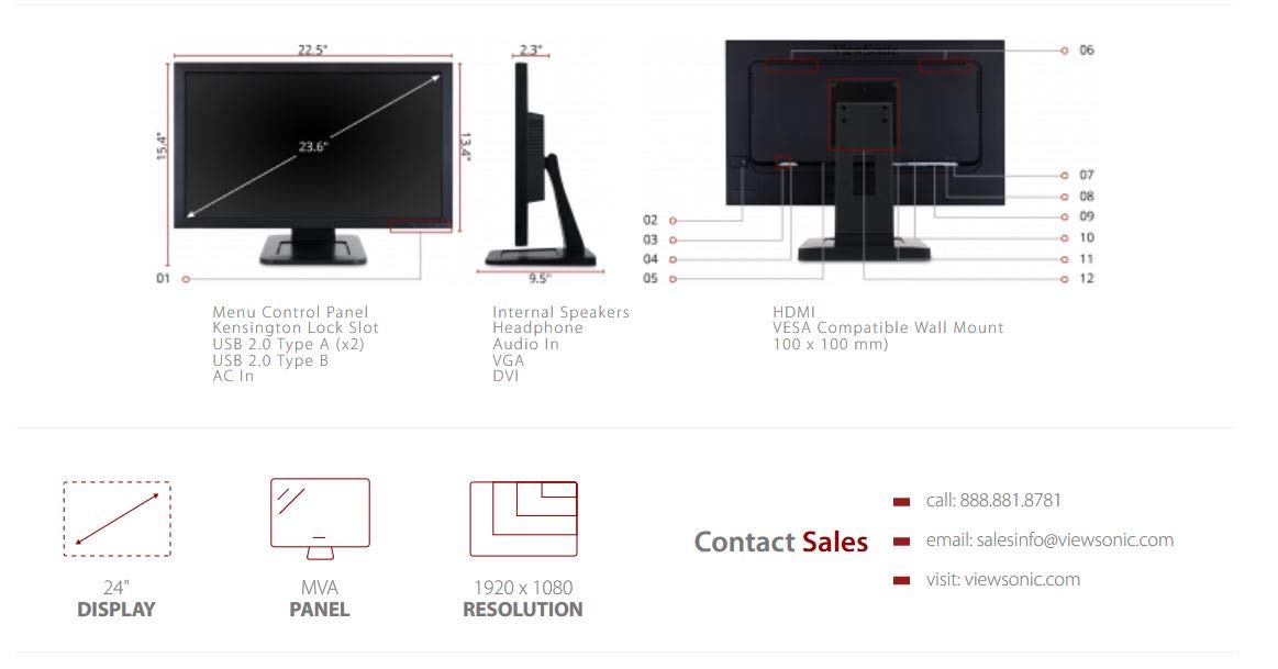 ViewSonic TD2421 23.6-inch LED Backlit Computer Monitor with VGA, Internal Speaker and 2 USB Ports