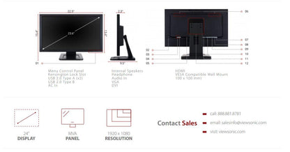 ViewSonic TD2421 23.6-inch LED Backlit Computer Monitor with VGA, Internal Speaker and 2 USB Ports